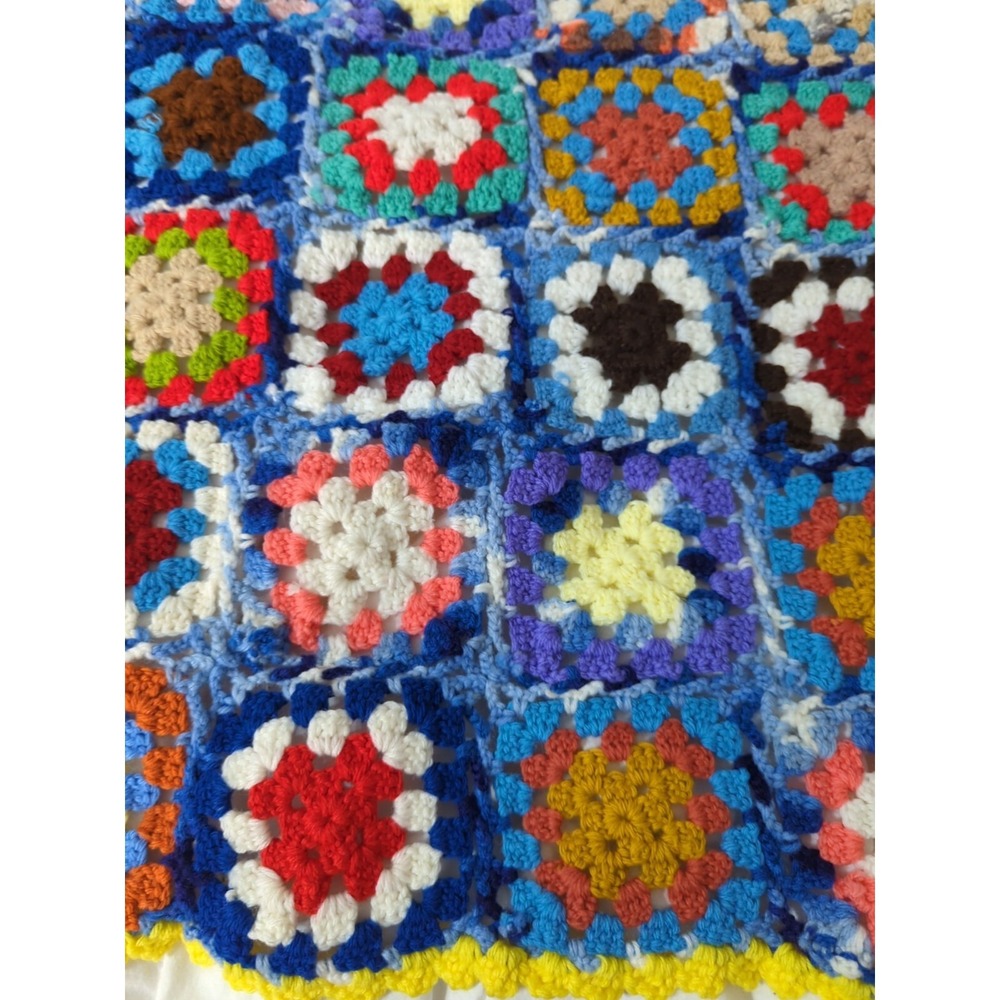 Handmade crocheted granny square Afghan blanket throw yellow trim blue red pink